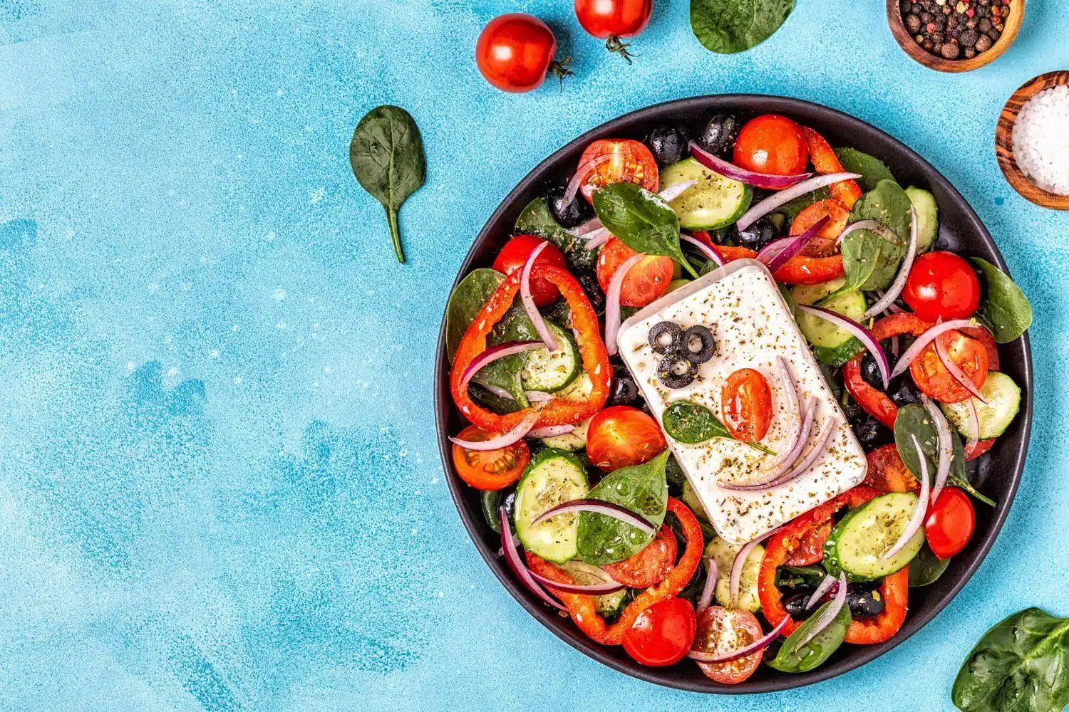 Mediterranean Greek salad of fresh vegetables, feta cheese and olives
