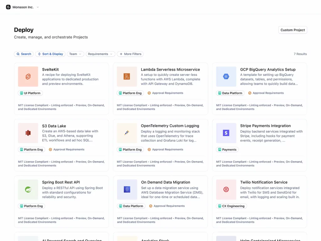 Developers choose from pre-configured workflows to self-serve the infrastructure they need for their projects